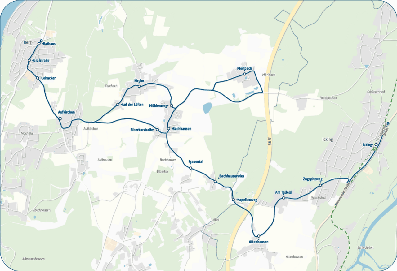 Map showing RegionalBus route 973 between Berg, Aufkirchen, Bachhausen, Mörlbach, Attenhausen and Icking. The route serves several districts in the hinterland of the eastern shore of Lake Starnberg.