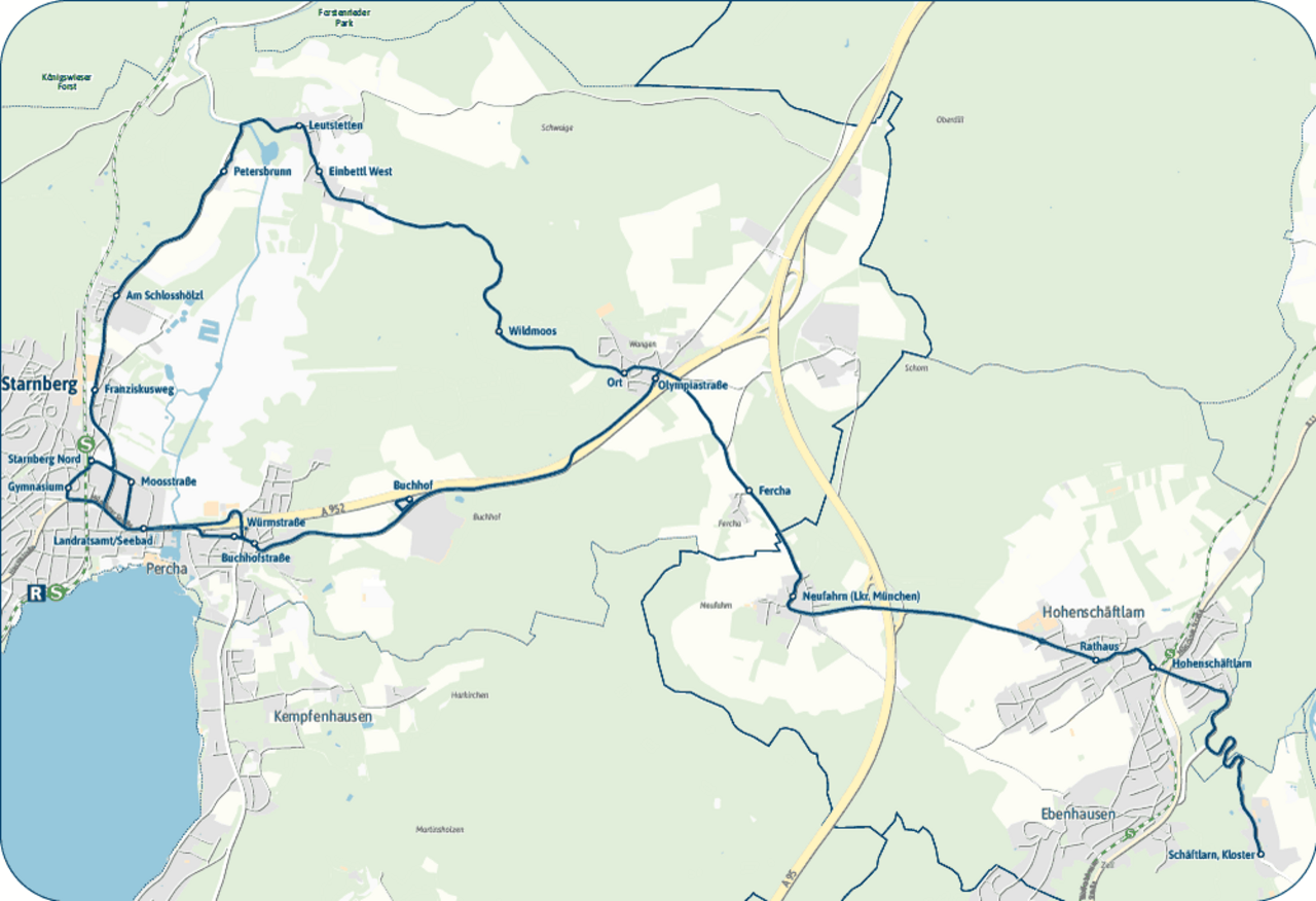 Map showing RegionalBus route 972 between Starnberg, Percha, Buchhof, Fercha, Neufahrn and Hohenschäftlarn. The route connects towns east of Lake Starnberg with the S-Bahn network.
