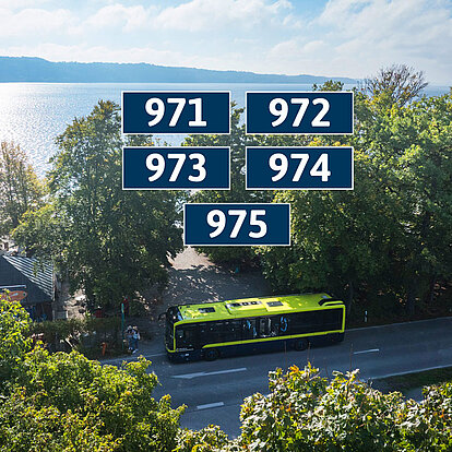 Cover illustration for the eastern shore routes on Lake Starnberg. Against the backdrop of a regional bus on the lakeshore, the route numbers 971, 972, 973, 974 and 975 are shown.