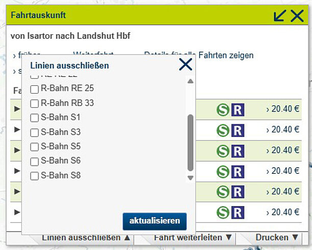 Auswahlfenster der MVV-Fahrtauskunft zum Ausschließen bestimmter Bahn- und Buslinien bei der Verbindungssuche.