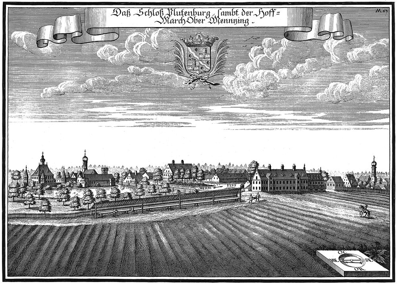 Historischer Stich von Michael Wening aus der Zeit um 1740. Dargestellt sind Schloss Blutenburg, die Hofmark Obermenzing, landwirtschaftliche Flächen sowie die damalige Ortsbebauung mit Kirche und Wirtschaftsgebäuden.
