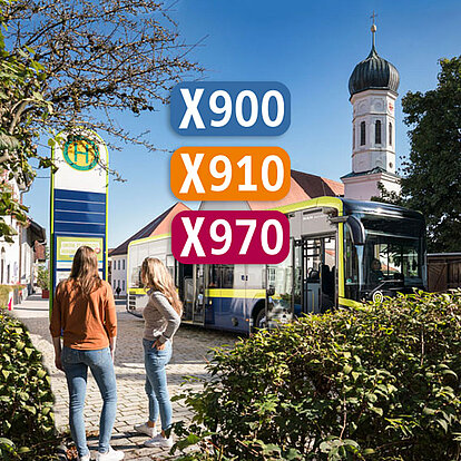 Advertising artwork for the MVV ExpressBus routes X900, X910 and X970, featuring a regional bus at a bus stop in front of a church in a rural area.