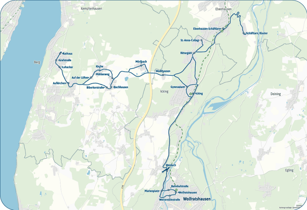 Map showing RegionalBus route 974 between Berg, Aufkirchen, Bachhausen, Mörlbach, Icking and Wolfratshausen. The route connects the towns on the eastern shore of Lake Starnberg with the Isar Valley.