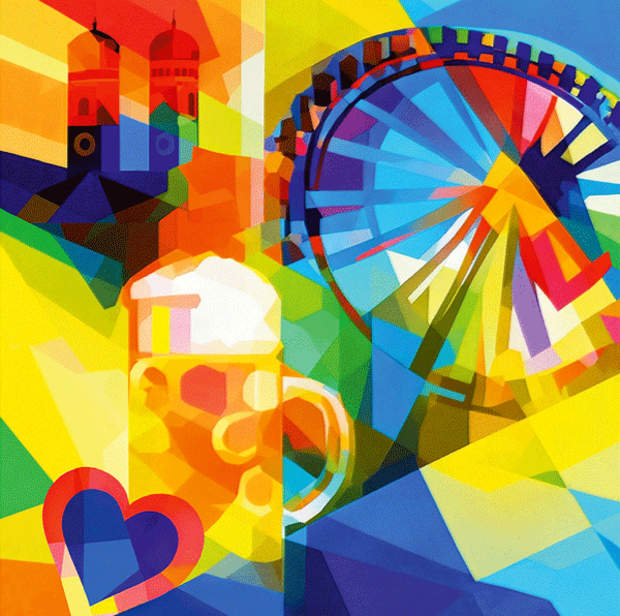 Grafische Darstellung zum Oktoberfest mit Riesenrad, Bierkrug und stilisierter Münchner Stadtkulisse in buntem Farbdesign.