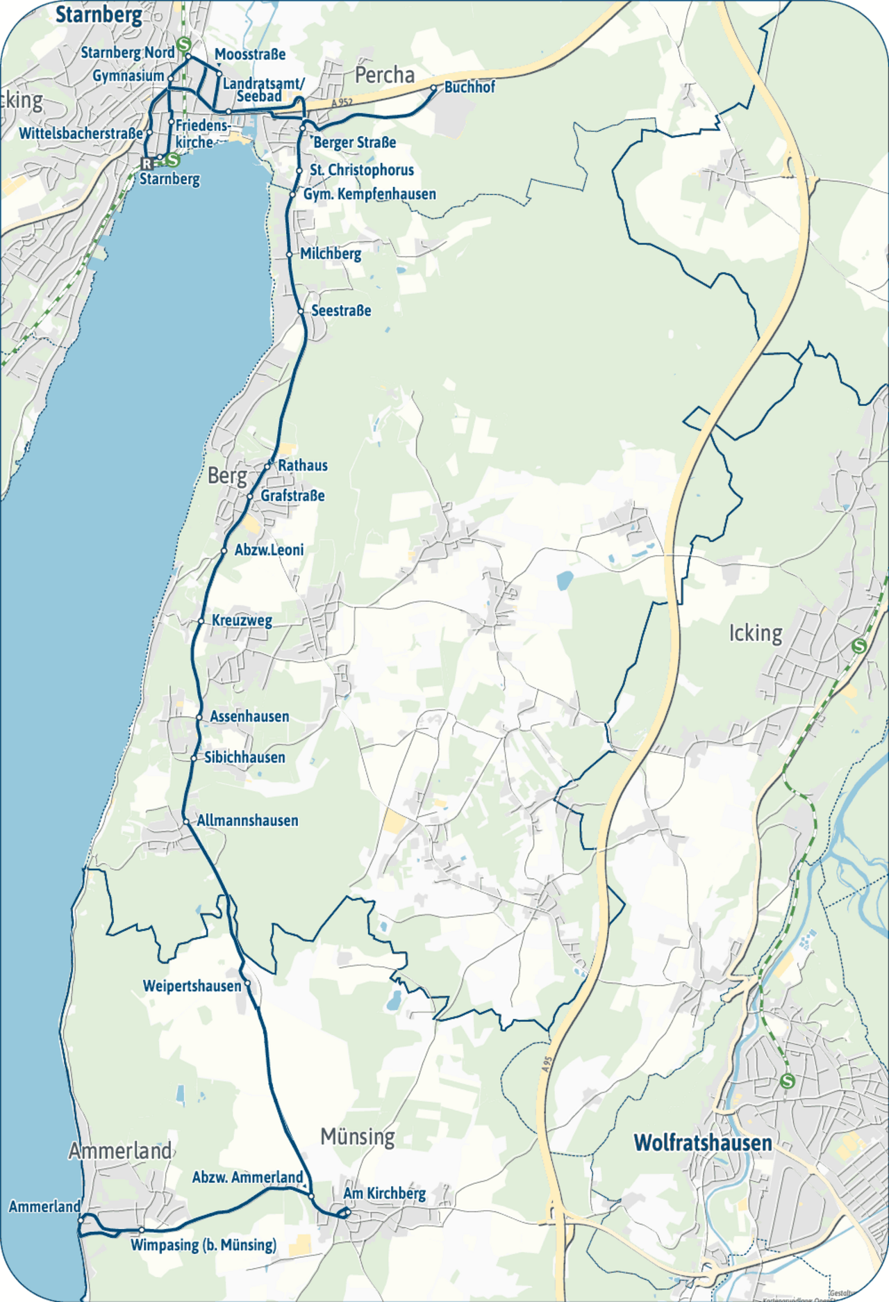 Map showing RegionalBus route 971 between Starnberg, Berg, Münsing and Wolfratshausen along the eastern shore of Lake Starnberg. Key stops include Starnberg, Berg, Allmannshausen, Ammerland and Wolfratshausen.
