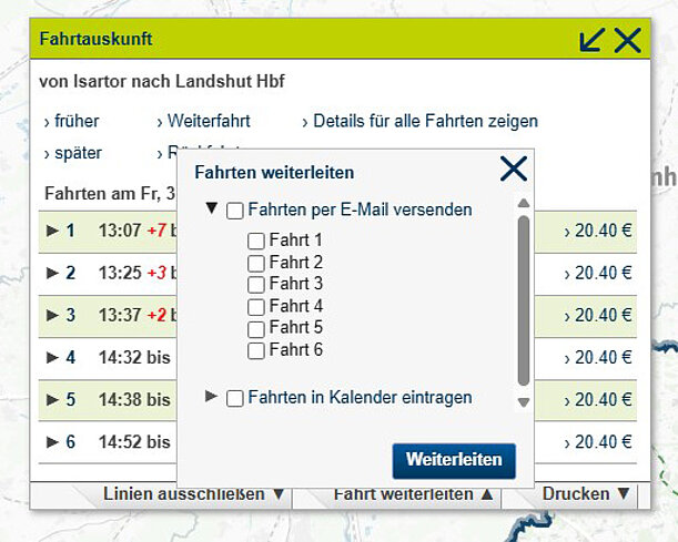 Funktion der MVV-Fahrtauskunft zum Versenden von Verbindungen per E-Mail oder zum Eintragen in den Kalender.