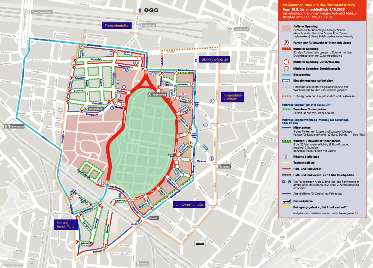 Karte der Verkehrsmaßnahmen zum Oktoberfest 2026 mit Sperrungen, Zufahrtsbeschränkungen, Parkregelungen und wichtigen Bereichen rund um die Theresienwiese.