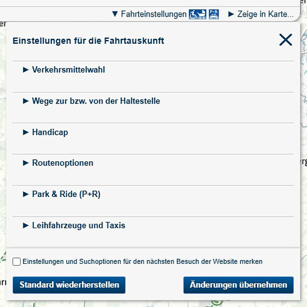 Einstellungen der MVV-Fahrtauskunft mit Optionen für Verkehrsmittel, Wege zur Haltestelle, Barrierefreiheit, Routenoptionen sowie Park-and-Ride-Angebote.