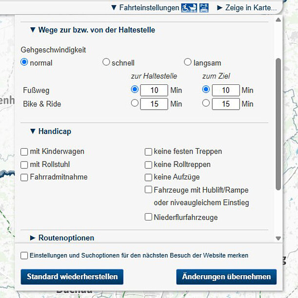 Einstellungen der MVV-Fahrtauskunft zur Gehgeschwindigkeit, Barrierefreiheit sowie zu Fuß-, Fahrrad- und Park-and-Ride-Verbindungen.