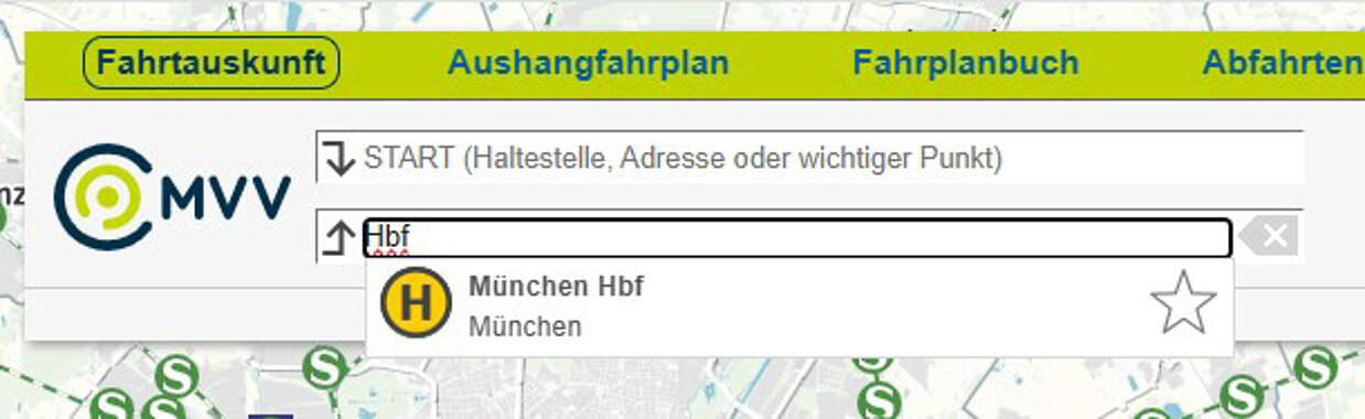 Eingabemaske der MVV-Fahrtauskunft mit Suchfeldern für Start und Ziel sowie einer ausgewählten Haltestelle.