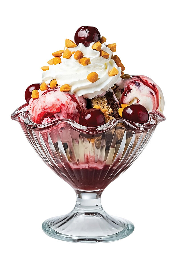 Eisbecher mit mehreren Kugeln Vanille- und Fruchteis, Sahne, Kirschen und karamellisierten Nussstücken in einer Glasschale.
