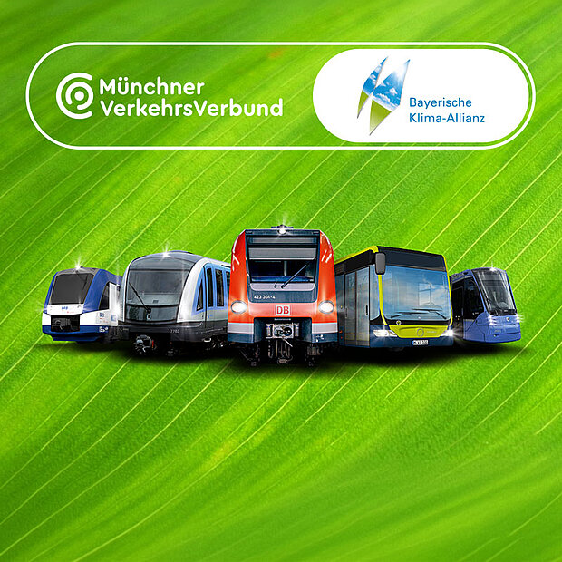 : Werbemotiv von Münchner VerkehrsVerbund und Bayerische Klima-Allianz mit verschiedenen öffentlichen Verkehrsmitteln (Zug, U-Bahn, S-Bahn, Bus und Tram) vor grünem Blatt-Hintergrund als Symbol für klimafreundliche Mobilität.
