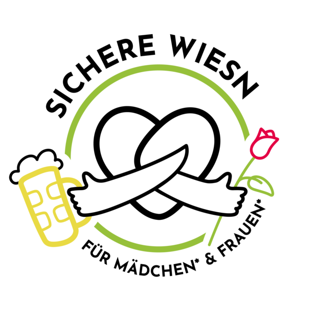 Logo der Initiative „Sichere Wiesn für Mädchen* & Frauen*“ mit Breze als zentrales Symbol sowie grafischen Elementen aus der Wiesn-Kultur.