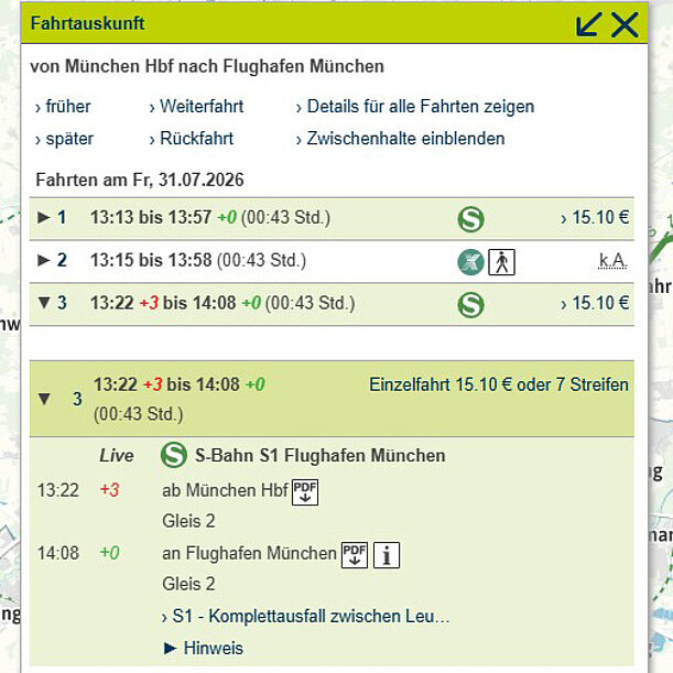 Ergebnis der MVV-Fahrtauskunft mit detaillierten Abfahrts-, Ankunfts- und Live-Informationen zu einer Verbindung.