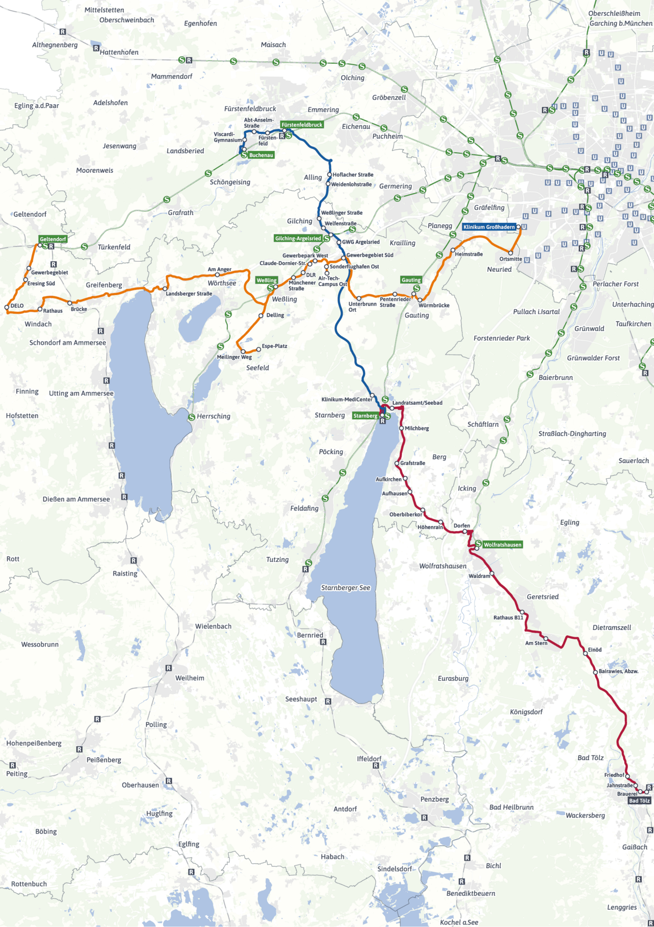 Network map of the MVV XpressBus routes in the region south-west of Munich. It shows fast bus services between Lake Starnberg, Lake Ammer, Wolfratshausen, Bad Tölz, Gauting and Fürstenfeldbruck.