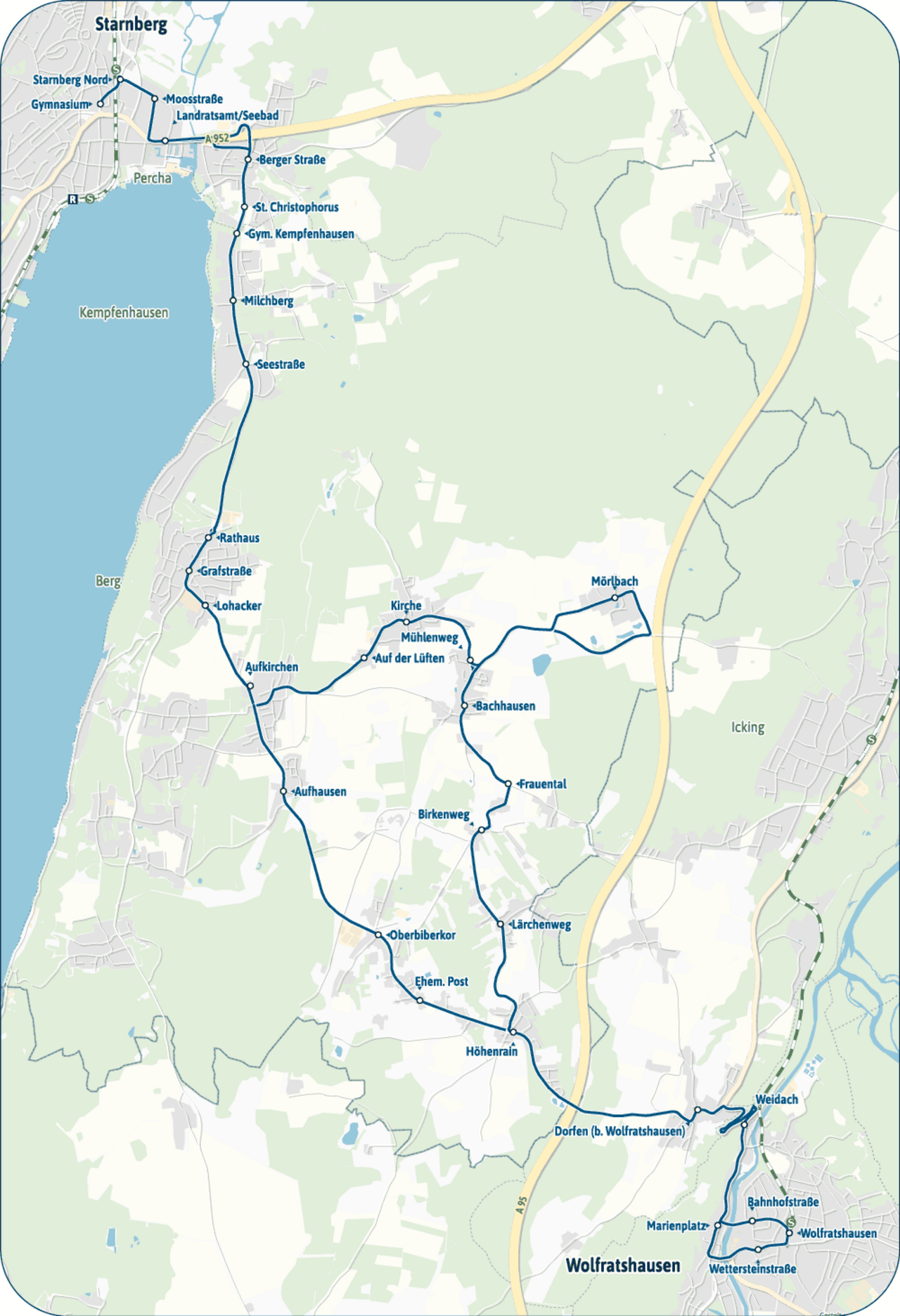 Map showing RegionalBus route 975 between Starnberg, Berg, Aufkirchen, Höhenrain and Wolfratshausen. The route connects the towns on the eastern shore of Lake Starnberg with Wolfratshausen and the regional rail network.