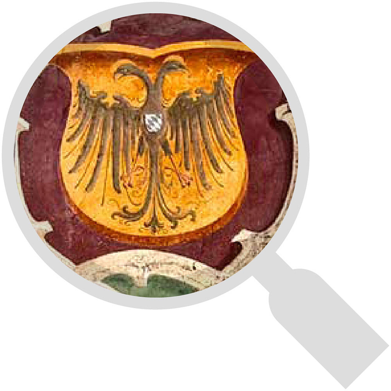 Ausschnitt eines historischen Wappens mit schwarzem Doppeladler und bayerischem Rautenschild auf der Brust. Das Wappen wird durch eine stilisierte Lupe hervorgehoben.