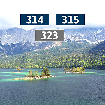 Promotional artwork for the Eibseebus routes 314, 315 and 323. In the background, you can see Lake Eibsee with its islands, wooded mountain slopes and the Zugspitze massif. The route numbers are highlighted in the foreground.
