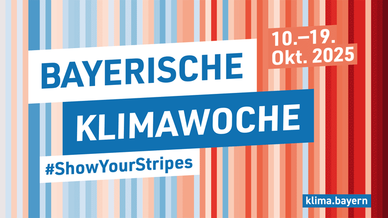 Banner für die Bayerische Klimawoche 2025 die vom 10.-19.10.2025 geht und den Hashtag ShowYourStripes trägt
