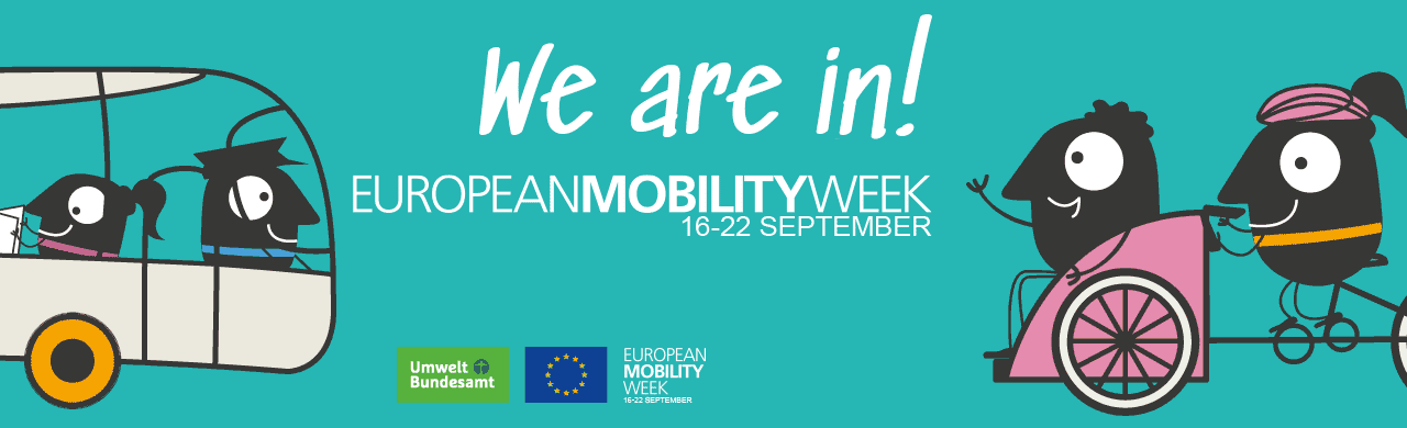Banner for European Mobility Week with the slogan “We are in!” and the event period from 16 to 22 September.