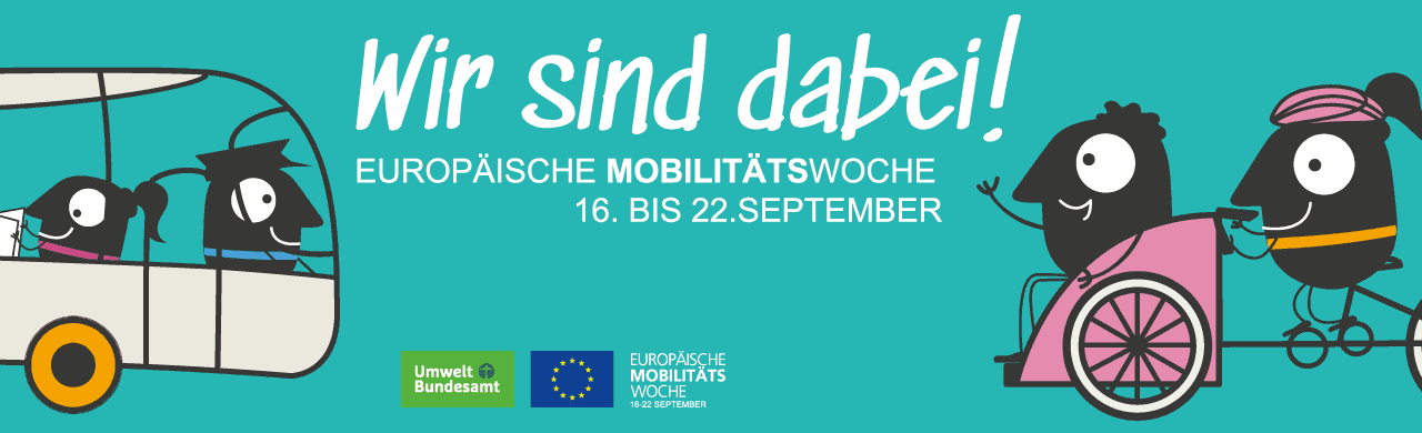 Banner zur Europäischen Mobilitätswoche mit dem Slogan „Wir sind dabei!“ und dem Zeitraum 16. bis 22. September.
