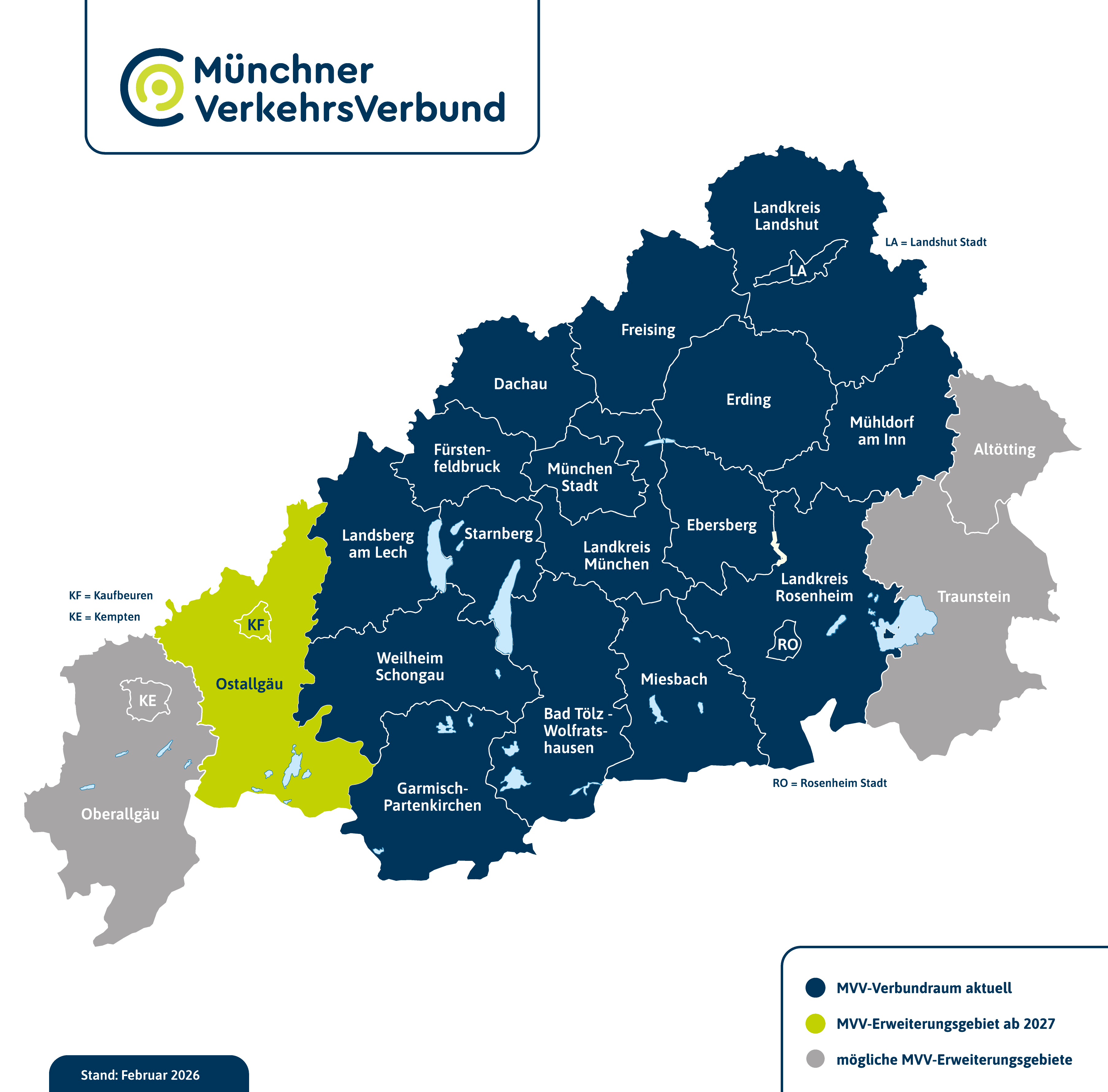 Karte des MVV-Verbundraums: Das Ostallgäu mit Kaufbeuren wird ab 2027 Teil des MVV. Aktuelles Verbundgebiet dunkelblau, mögliche weitere Erweiterungsgebiete grau.